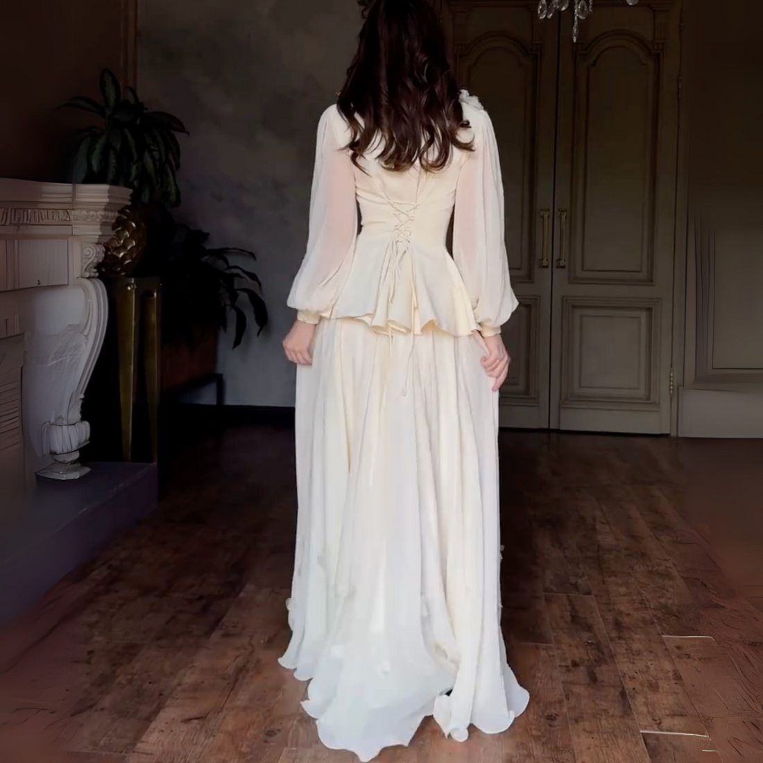 Cream Modest Flower Square Neck A-Line Long Dress, Back