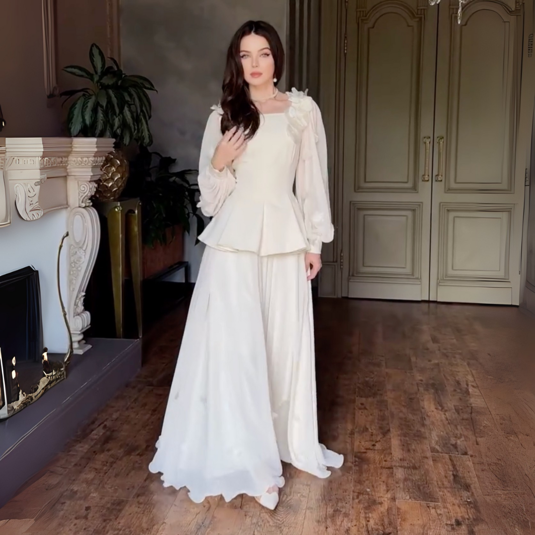 Cream Modest Flower Square Neck A-Line Long Dress, Full Shot 2