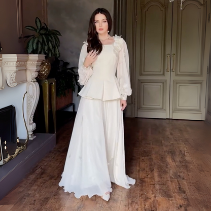 Cream Modest Flower Square Neck A-Line Long Dress, Full Shot 2