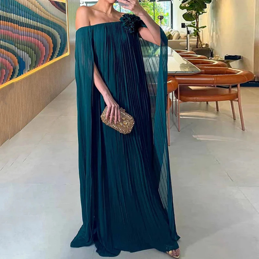 Blue Green Chiffon Pleated Off Shoulder Drape Long Dress