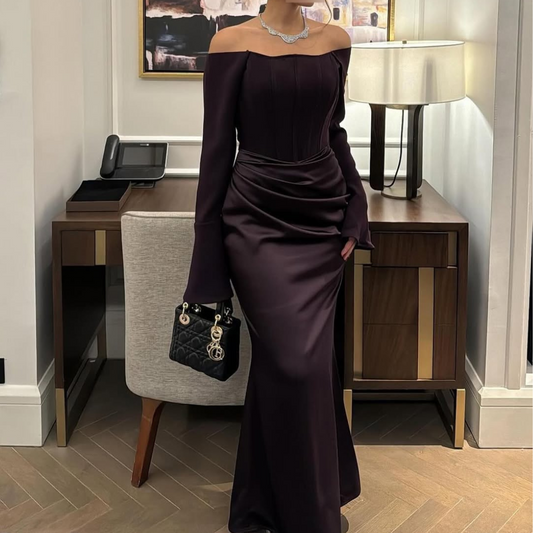 Dark Purple Satin Off Shoulder Pleated Evening Dress