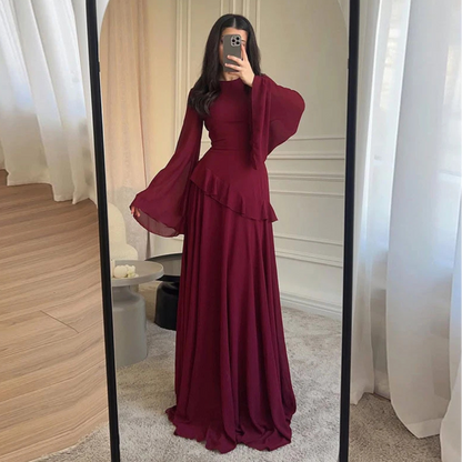 Dark Red Modest Chiffon Flare Sleeves A-Line Long Dress