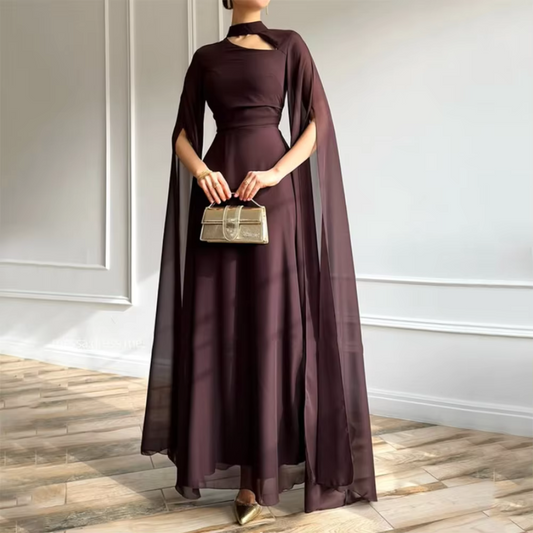 Deep Brown Halter Neck Drape Sleeves Chiffon Long Dress