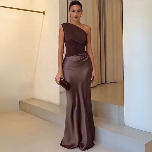 Elegant Brown Satin One Shoulder Sleeveless Long Dress
