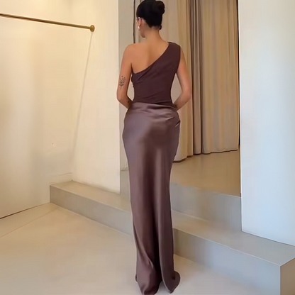 Elegant Brown Satin One Shoulder Sleeveless Long Dress, Back 