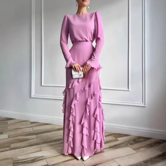 Pink Elegant Modest Ruffle Design Long Evening Dress