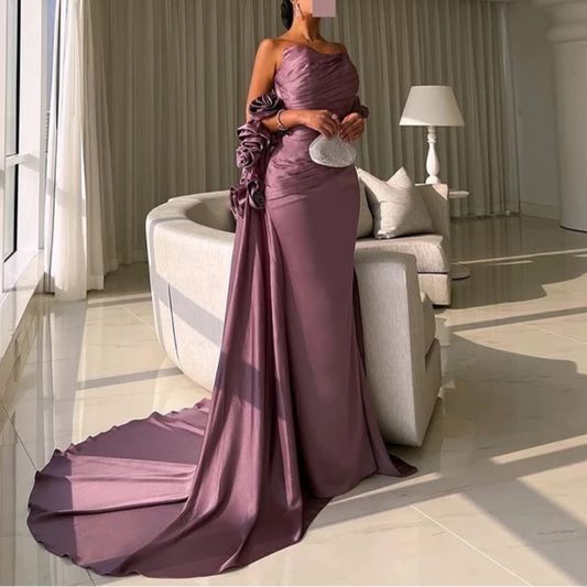 Elegant Purple Mauve Satin 3D Flower Cape Train Sleeveless Gown