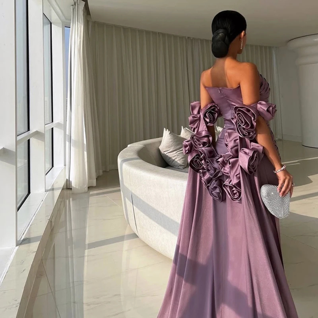 Elegant Purple Mauve Satin 3D Flower Cape Train Sleeveless Gown