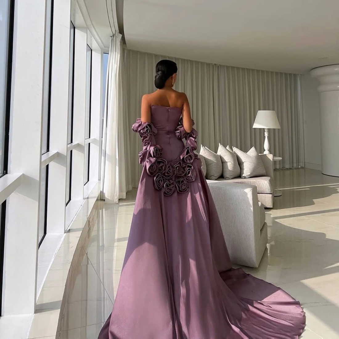 Elegant Purple Mauve Satin 3D Flower Cape Train Sleeveless Gown
