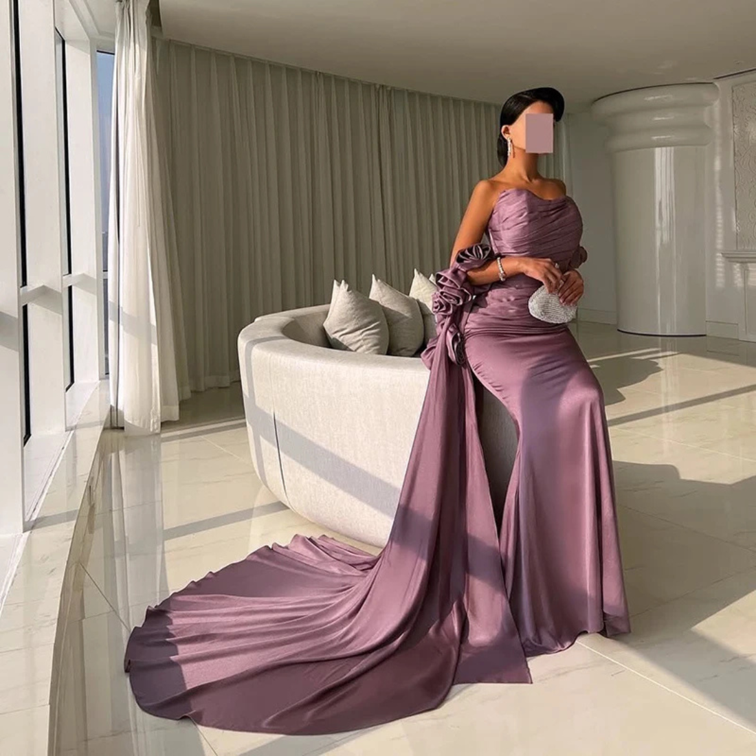 Elegant Purple Mauve Satin 3D Flower Cape Train Sleeveless Gown