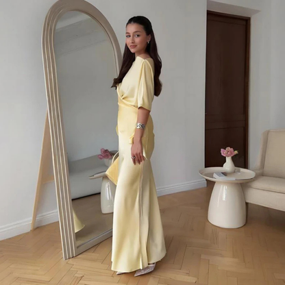 Elegant Yellow Two Piece Mermaid Wrap Dress Set, Left