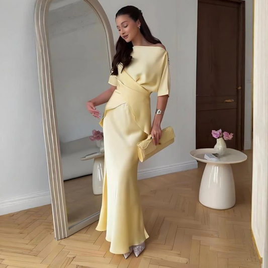 Elegant Yellow Two Piece Mermaid Wrap Dress Set