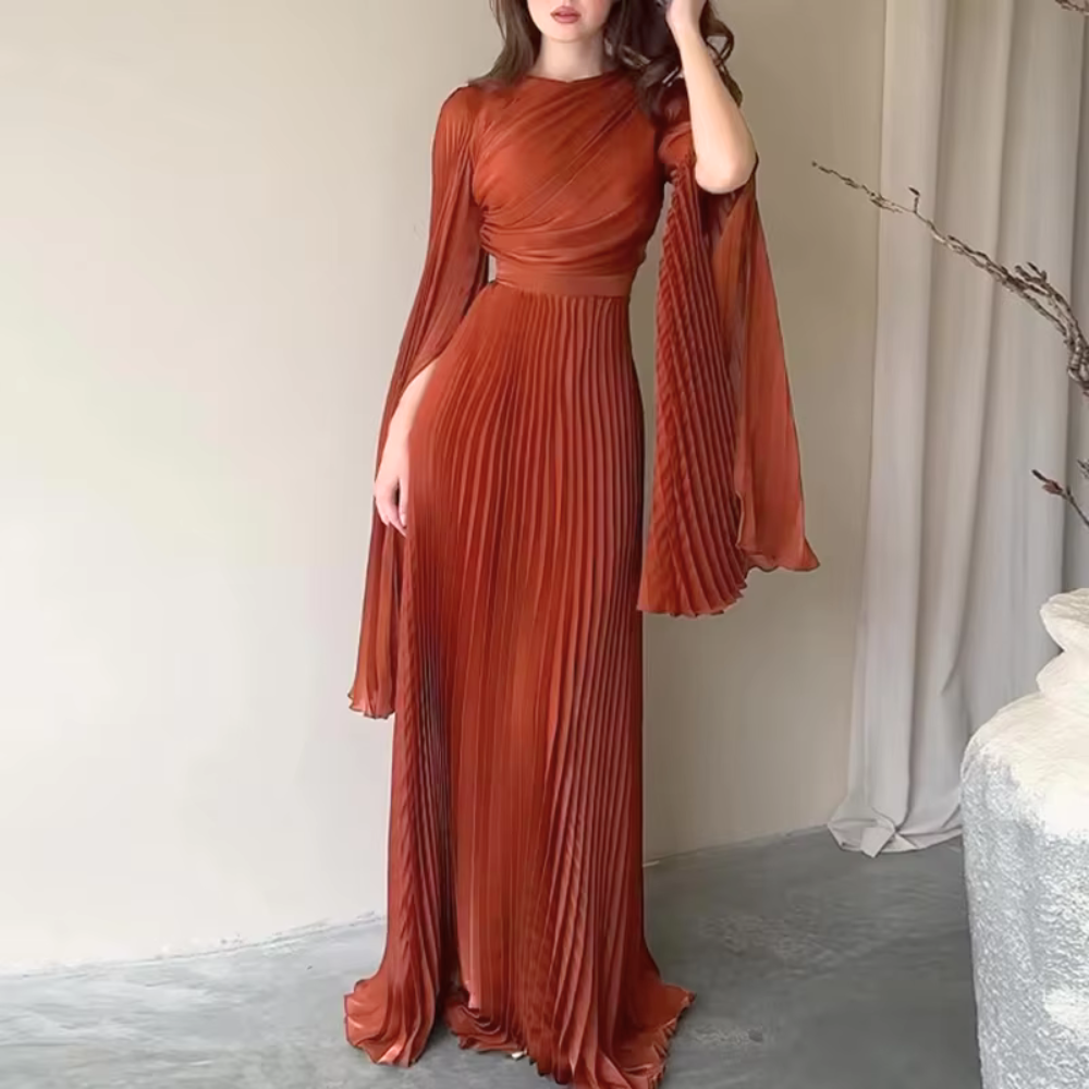 Elegant Brown Orange Pleated Batwing Sleeve Maxi Dress, Front