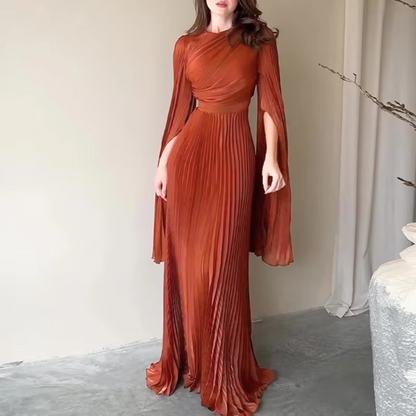 Elegant Brown Orange Pleated Batwing Sleeve Maxi Dress, Left
