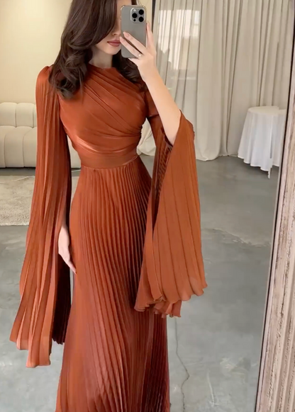 Elegant Brown Orange Pleated Batwing Sleeve Maxi Dress, Full Body 2