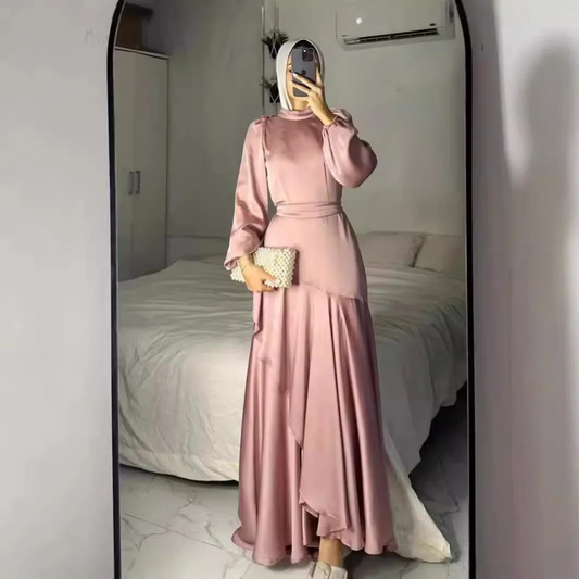 Elegant Modest Puff Sleeves Satin Side Ruffle Layer Evening Dress, Pink