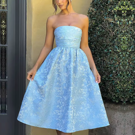 Floral Satin Sleeveless Tube Neck Princess Midi Dress, Blue