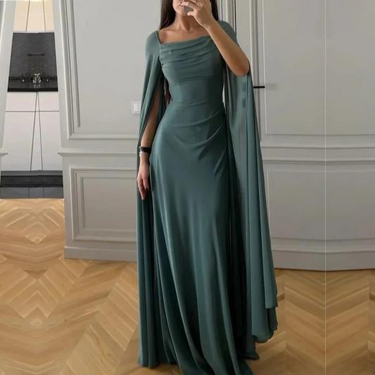 Forest Green Modest Pleated Drape Chiffon Long Dress