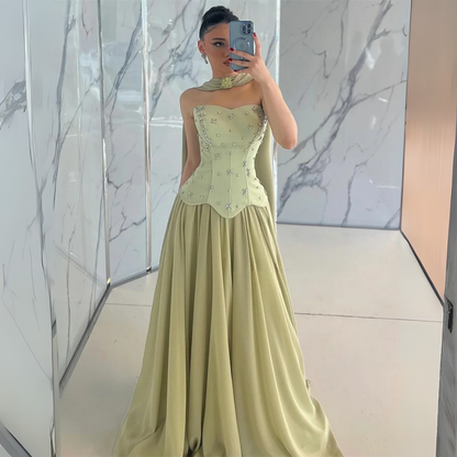 Green Jewelled Corset Sleeveless Gown with Scarf