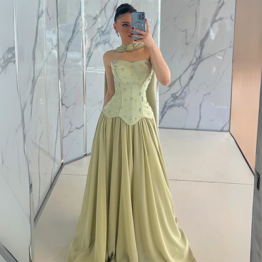 Green Jewelled Corset Sleeveless Gown with Scarf