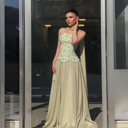 Green Jewelled Corset Sleeveless Gown with Scarf, Right