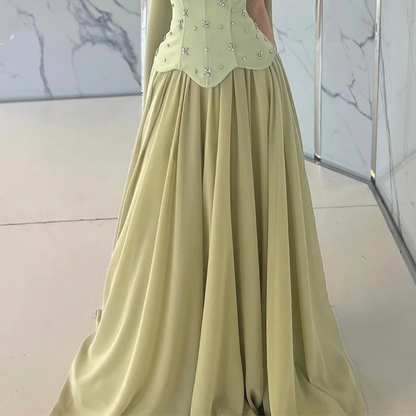 Green Jewelled Corset Sleeveless Gown with Scarf, Skirt