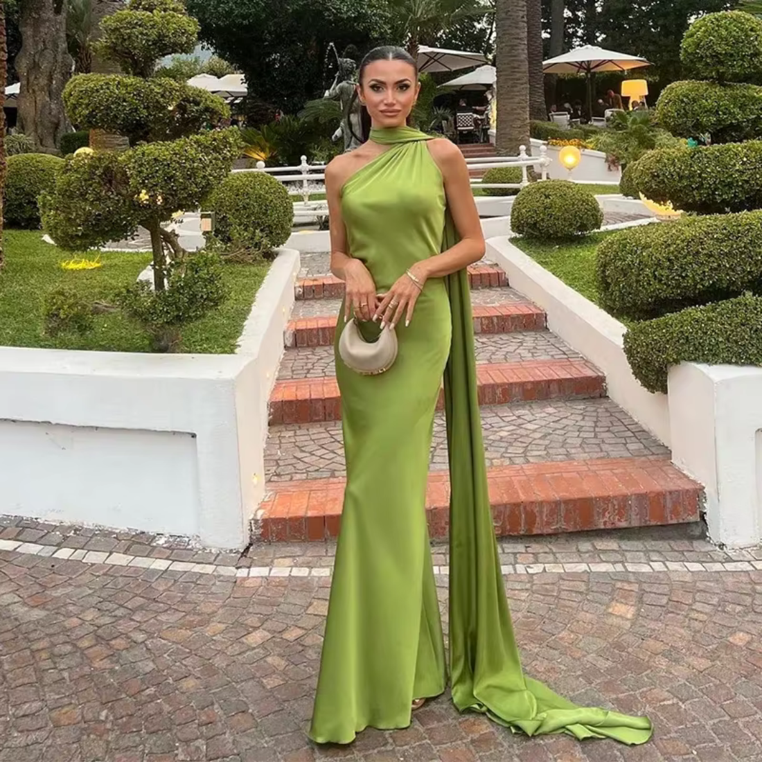 Halter Neck One Shoulder Drape Sleeve Mermaid Gown, Green