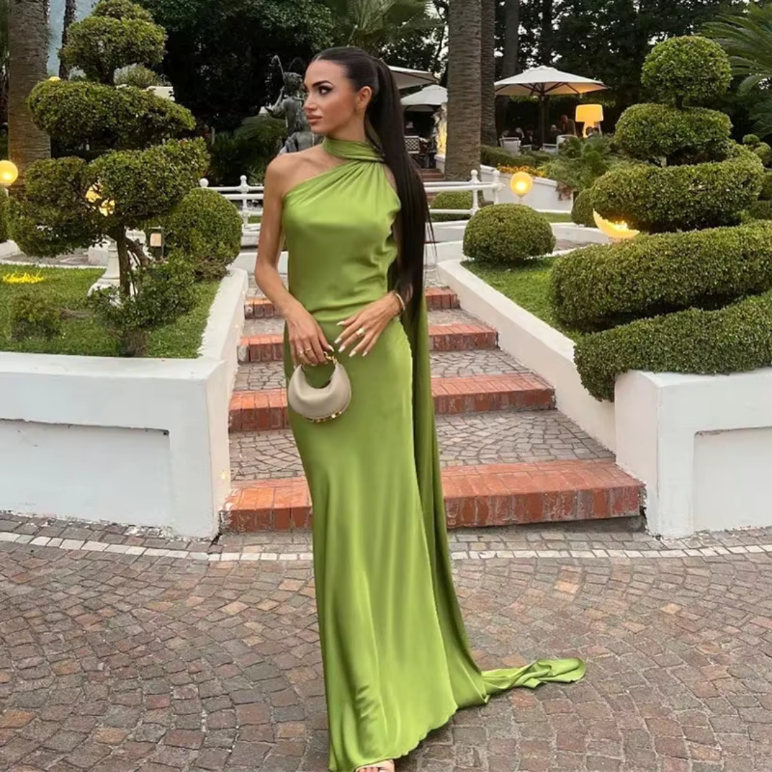 Halter Neck One Shoulder Drape Sleeve Mermaid Gown, Green, Left
