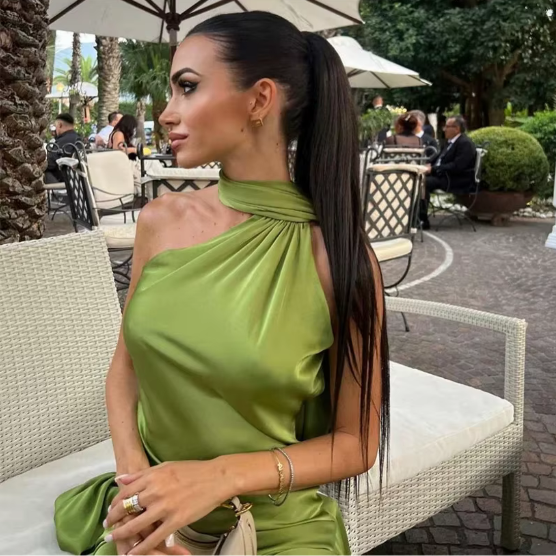 Halter Neck One Shoulder Drape Sleeve Mermaid Gown, Green, Closeup
