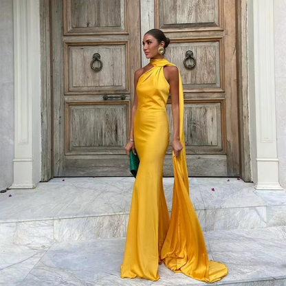 Halter Neck One Shoulder Drape Sleeve Mermaid Gown, Yellow