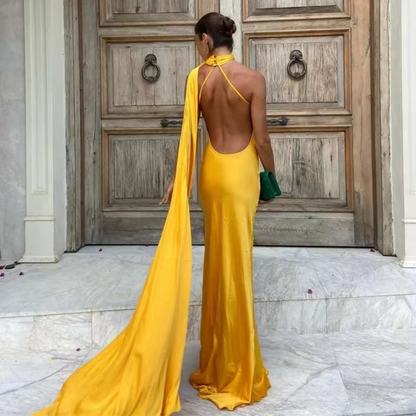 Halter Neck One Shoulder Drape Sleeve Mermaid Gown, Yellow, Back
