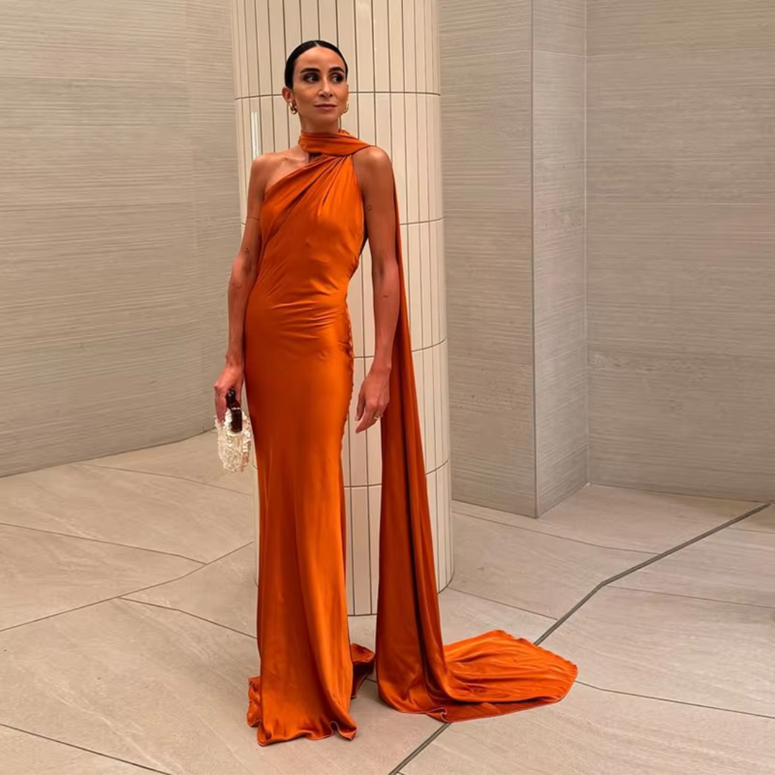 Halter Neck One Shoulder Drape Sleeve Mermaid Gown, Orange