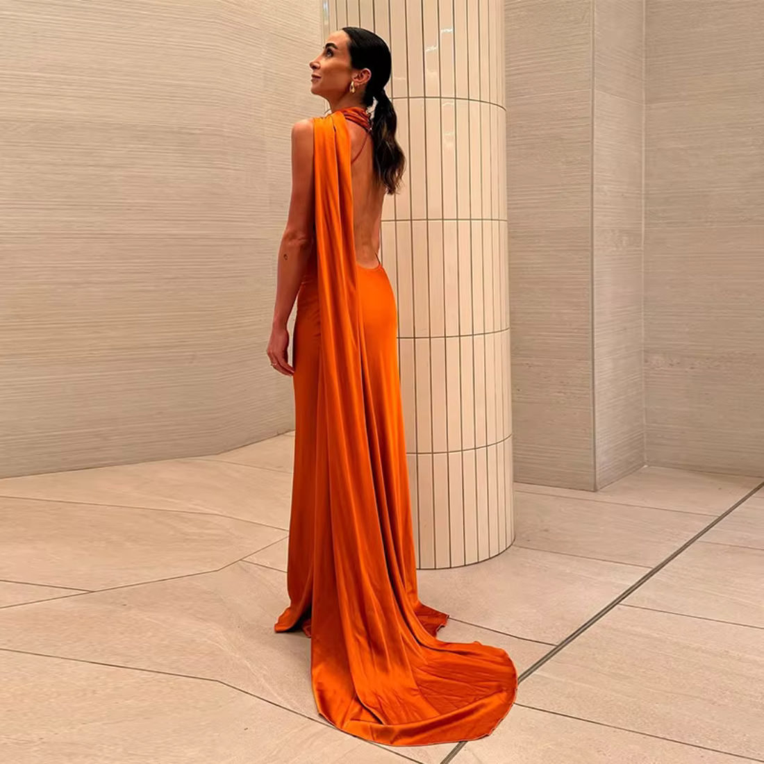Halter Neck One Shoulder Drape Sleeve Mermaid Gown, Orange, back