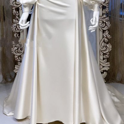 Elegant Satin Ivory White Modest Long Bridal Gown