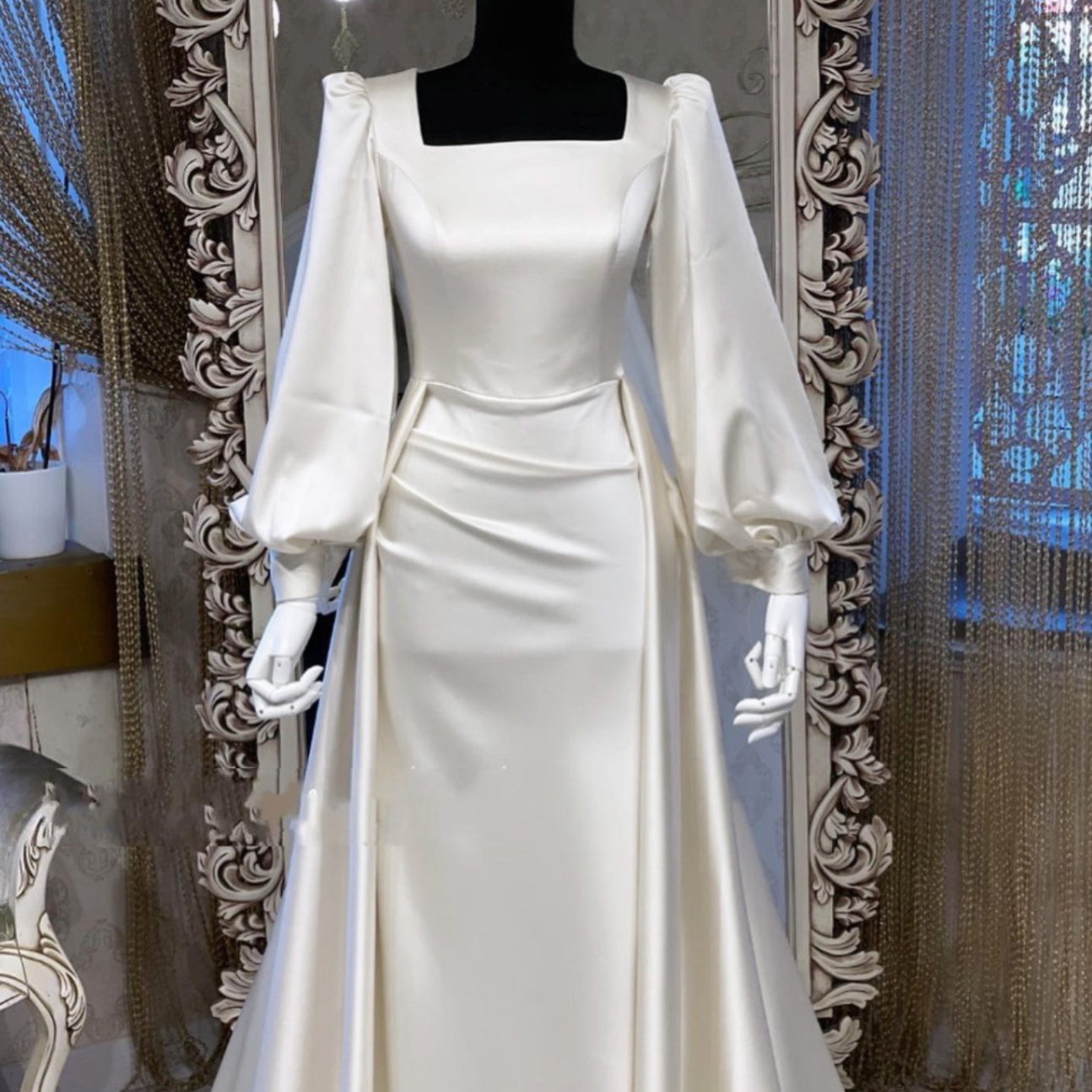 Elegant Satin Ivory White Modest Long Bridal Gown