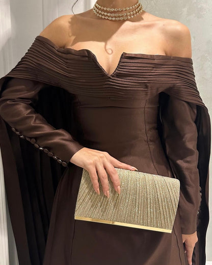 Dubai Brown Off Shoulder Satin Evening Dress, Closeup