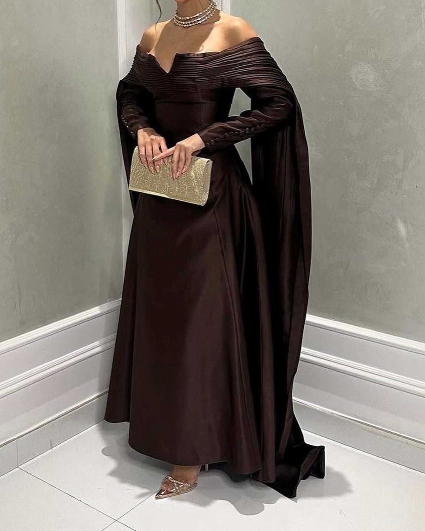 Dubai Brown Off Shoulder Satin Evening Dress, Right