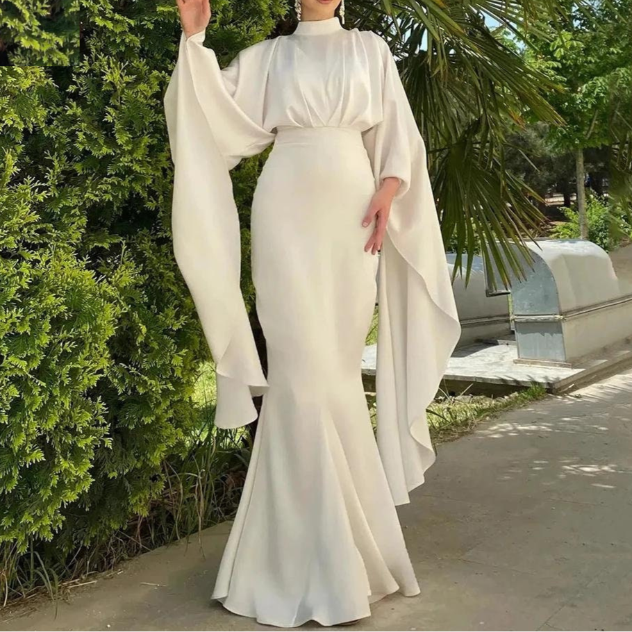 Ivory Modest Satin Mermaid Evening Dress, Front Close Up