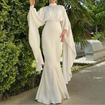Ivory Modest Satin Mermaid Evening Dress, Front Close Up