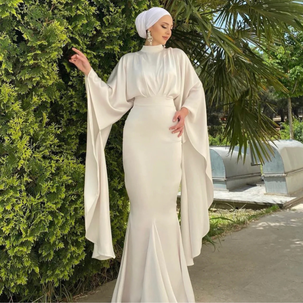Ivory Modest Satin Mermaid Evening Dress, Back