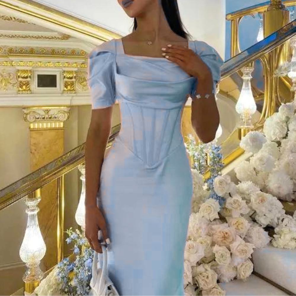 Light Blue Satin Corset Floor-Length Prom Dress