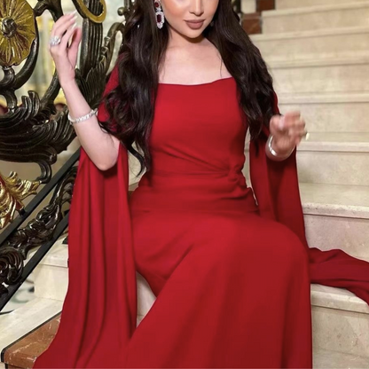 Red Satin Dubai Elegant Floor-Length Evening Dress, Close Up