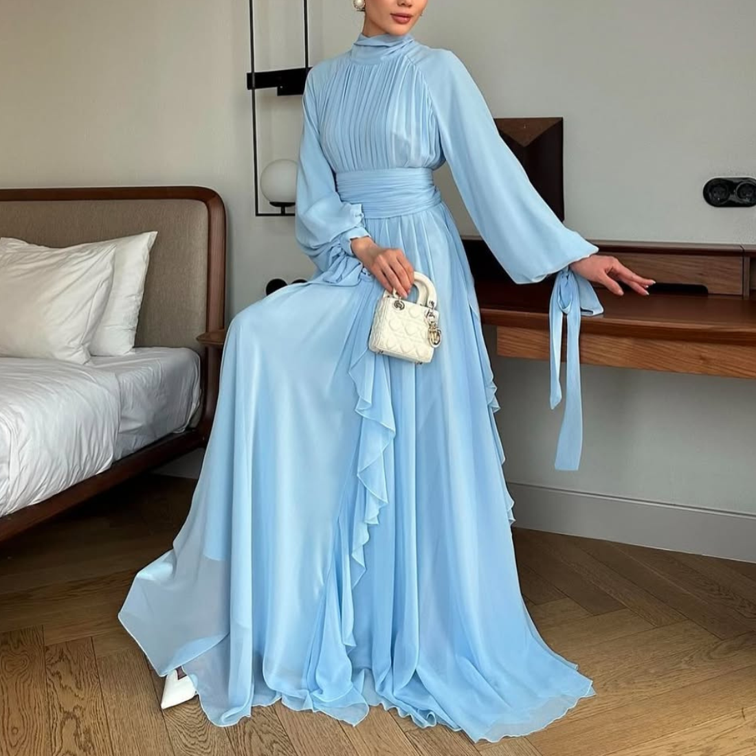 Light Blue Modest High Neck Pleated Ruffle Long Dress