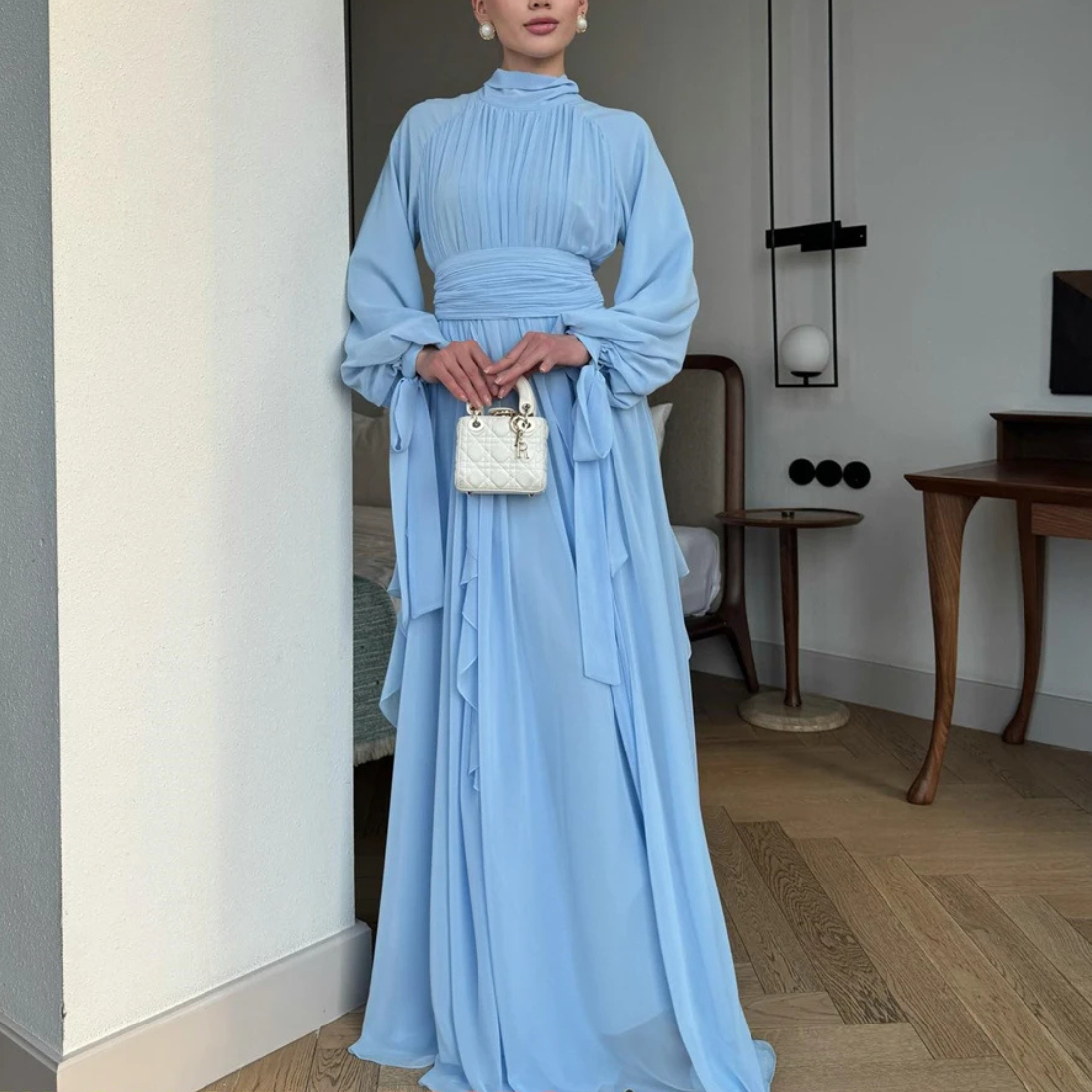 Light Blue Modest High Neck Pleated Ruffle Long Dress, Front