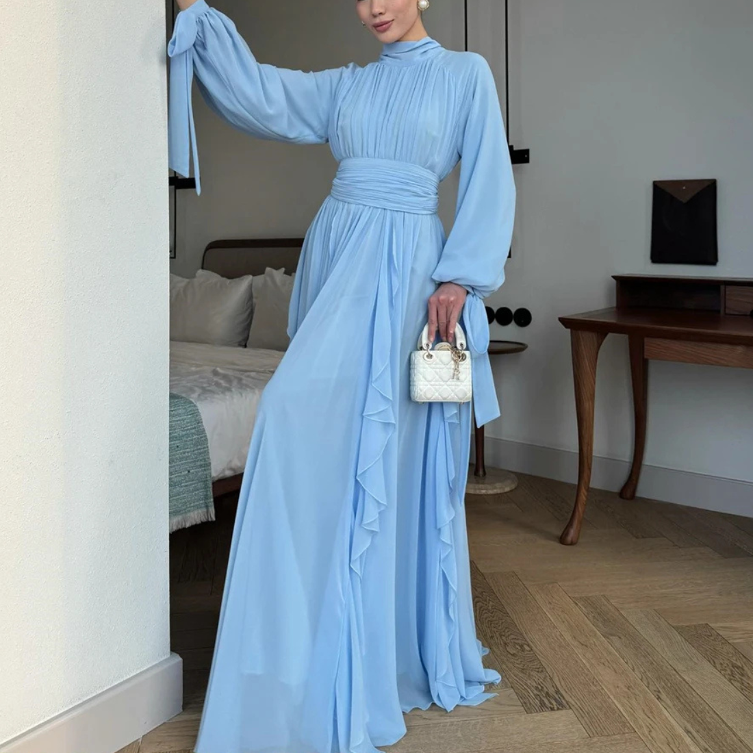 Light Blue Modest High Neck Pleated Ruffle Long Dress, Left