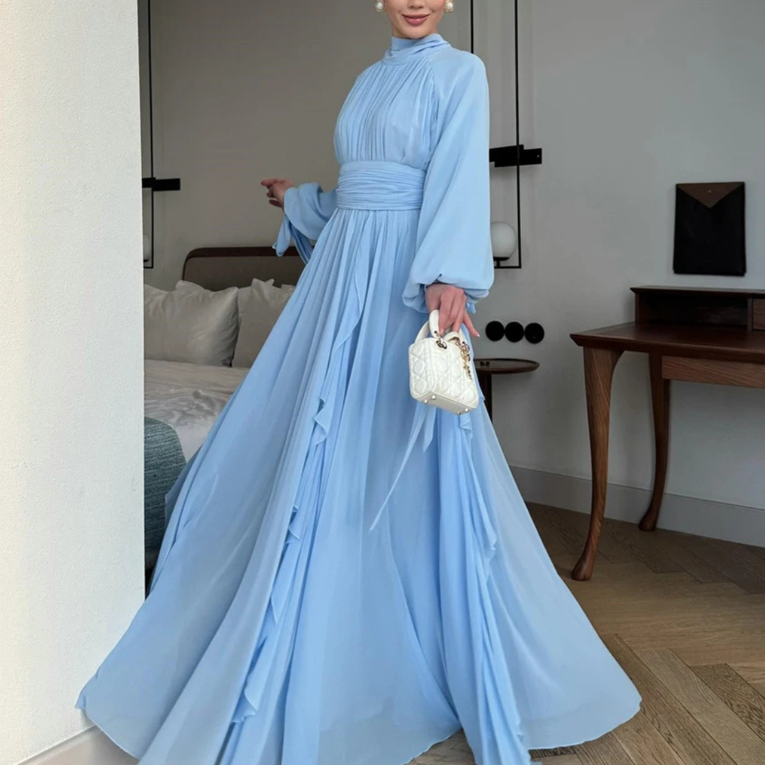 Light Blue Modest High Neck Pleated Ruffle Long Dress, Right