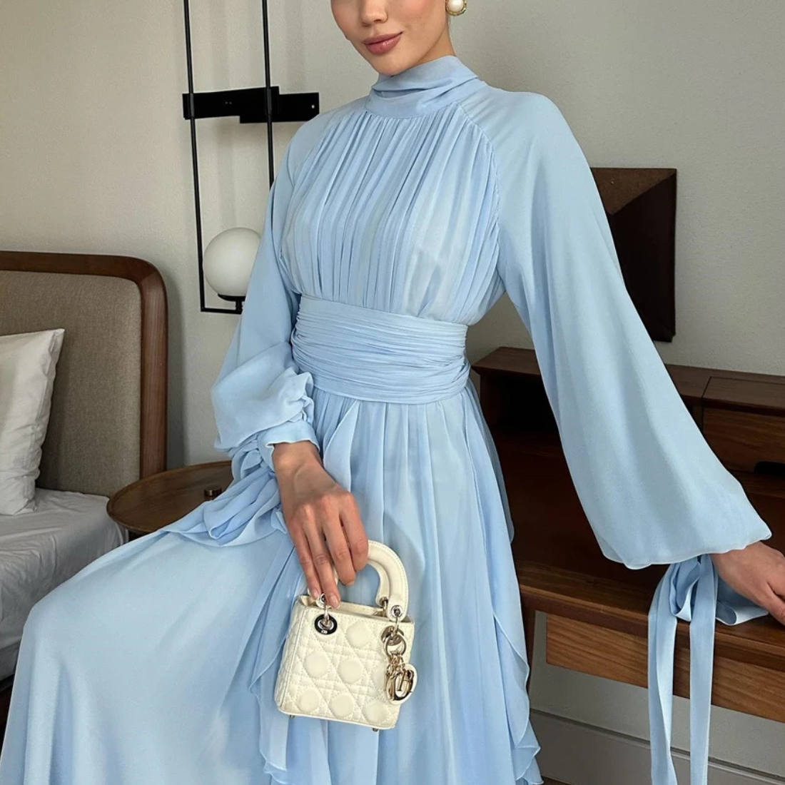 Light Blue Modest High Neck Pleated Ruffle Long Dress, Close Up