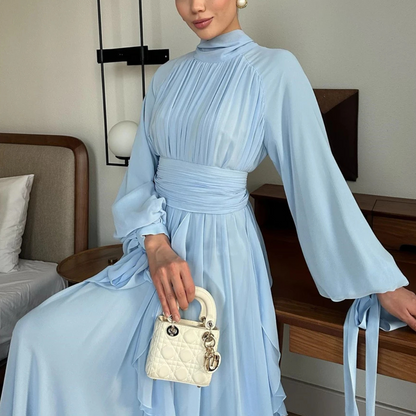 Light Blue Modest High Neck Pleated Ruffle Long Dress, Close Up