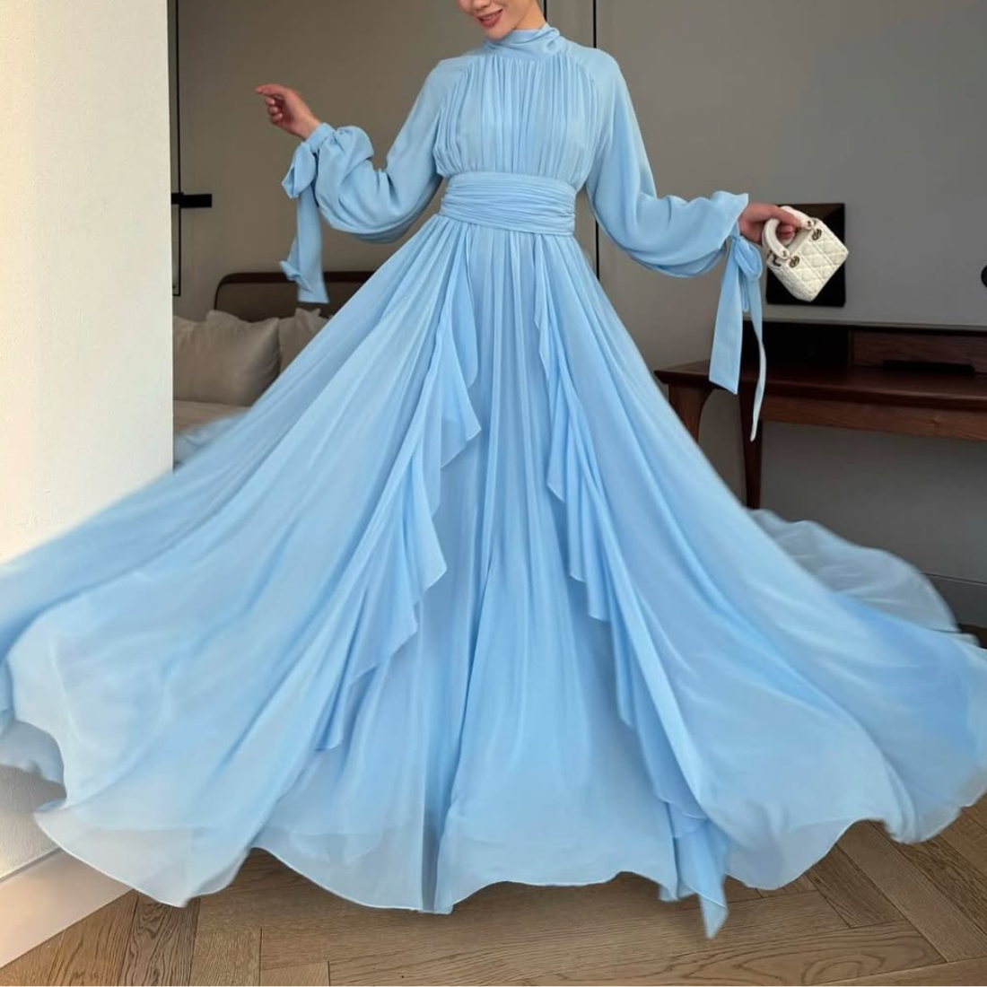 Light Blue Modest High Neck Pleated Ruffle Long Dress