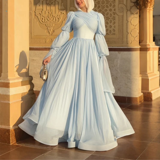 Light Blue Modest Tiered Sleeves Princess Chiffon Gown